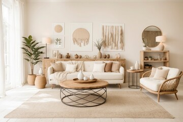 A living room with a white couch, coffee table, and a mirror