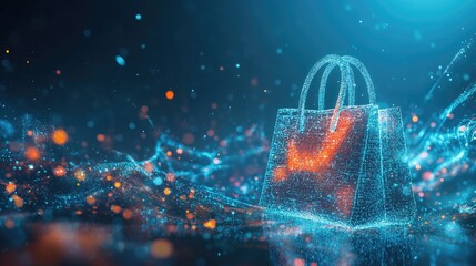 Poster - Data-driven shopping: A digital landscape where streams of data flow into a virtual shopping bag, symbolizing the integration of online shopping and data technology.