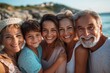 © Digi ART - One big happy family. Cropped shot of a happy diverse multi-generational family at the beach, Generative AI