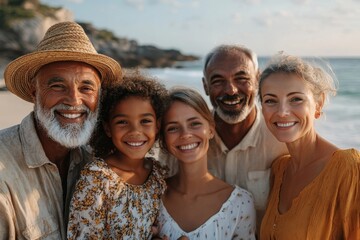 One big happy family. Cropped shot of a happy diverse multi-generational family at the beach, Generative AI