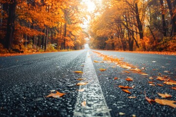 Wall Mural - Autumn landscape with a road lined with yellow and orange leaves