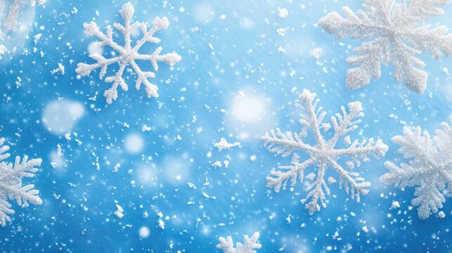 Elegant snowflakes on a blue backdrop, with holiday decorations and snow falling, ideal for winter celebrations and seasonal banners.