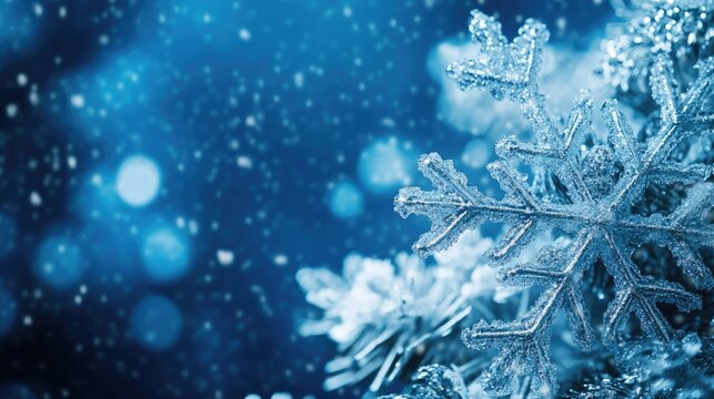 Elegant snowflakes on a blue backdrop, with holiday decorations and snow falling, ideal for winter celebrations and seasonal banners.
