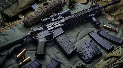 A black AR-15 style rifle with a scope, resting on a green tactical backpack with two magazines, and a few bullets.