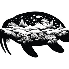 silhouette of Walrus filled with underwater view with coral in rough drawing,