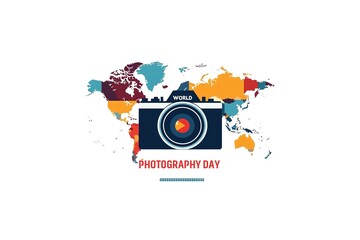 World Photography Day with World Map Background, photographer taking photo. World Photography Day social media banner and instagram banner post design