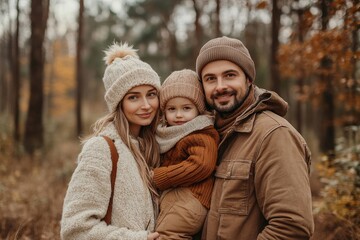 Beautiful young family on a walk in autumn forest, Generative AI