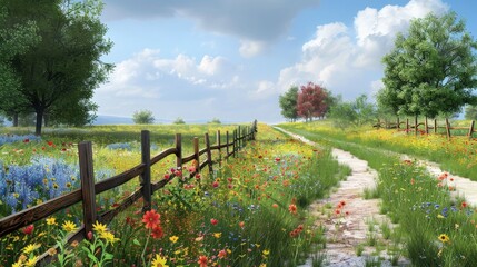 Poster - Create an AI image of a picturesque country lane with wildflowers in full bloom and a rustic fence lining the way.