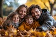 © Digi ART - Smiling young family sitting in leaves, Generative AI