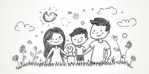 Happy family line art  illustration, Generative AI