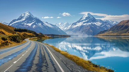 Poster - Create an AI image of a scenic mountain road with a clear blue lake reflecting the surrounding peaks, highlighting the serene beauty of the natural landscape.