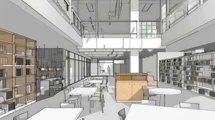 Poster - Create an architectural sketch of a modern library, focusing on its open spaces, reading areas, and technological integration.