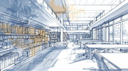 Fototapete - Create an architectural sketch of a modern library, focusing on its open spaces, reading areas, and technological integration.