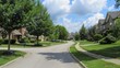 © peerawat - Create an image of a quiet suburban street with well-kept lawns and houses, showcasing a peaceful and orderly neighborhood.
