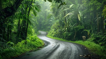 Poster - Create an image of a road through a dense jungle, with lush greenery and wildlife, emphasizing the adventure and natural beauty.