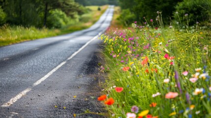 Poster - Create an image of a rural road with wildflowers growing along the edges, highlighting the beauty and simplicity of nature.