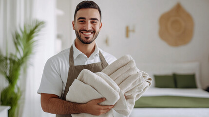 Male housekeeper holding clean towels. 