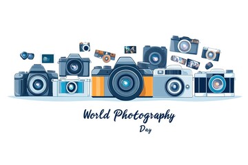 Wall Mural - World Photography Day with World Map Background, photographer taking photo. World Photography Day social media banner and instagram banner post design