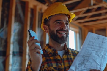 Poster - A worker taking a call on his cell phone while wearing a hard hat and safety vest