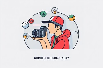 World Photography Day with World Map Background, photographer taking photo. World Photography Day social media banner and instagram banner post design