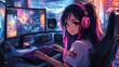 © Pangestu - An anime-style girl with headphones sits in front of computer monitors in a gaming room.