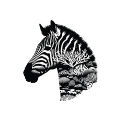 silhouette of Zebra filled with underwater view with coral in rough drawing,