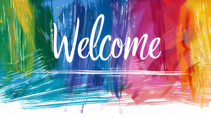 Poster - Welcome sign is displayed on a colorful abstract background with brush strokes