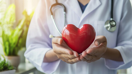 Hands of doctor woman holding red heart, showing symbol of love, human support to patient, promoting medical insurance, early checkup for healthcare, cardiologist help.