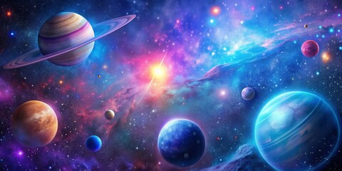 Wall Mural - Cosmic Symphony A Celestial Tapestry of Planets and Nebulae, digital art, vibrant blue and pink hues, cosmic wonder, stars, planets, nebula