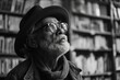 © aicandy - Black and white portrait of an elderly man wearing glasses, a hat, and a scarf, sitting thoughtfully in a cozy library filled with bookshelves