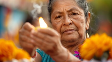 Wall Mural - A woman is holding a candle and looking at it