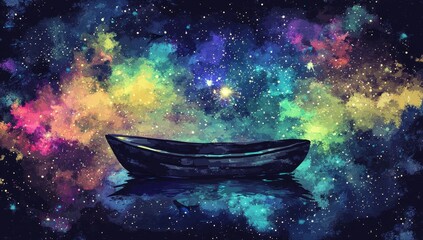 Wall Mural - this illustration shows an abstract scene of a starry sky, a boat on the water, a lake reflecting th