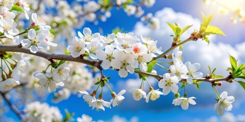 Wall Mural - Delicate White Cherry Blossoms Against a Bright Blue Sky, Close-up, Nature, Spring, Flowers, Cherry Blossom