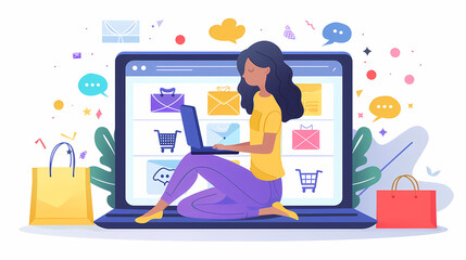 female teenager working with laptop, shopping online, making call. Importance of digital literacy for elderly people vector image