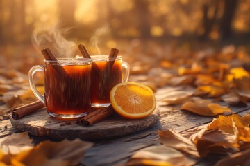 'Golden light highlights two cups of gluhwein on a rustic wooden table, flanked by cinnamon sticks and orange wedges, with a backdrop of autumn leaves.'