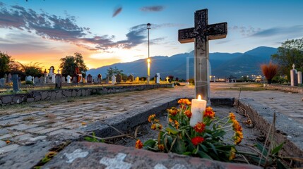 Wall Mural - A cemetery with a cross and a candle in grave