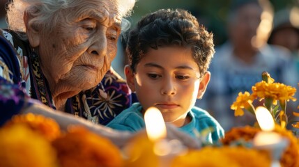 Sticker - A woman and a boy are looking at a candle