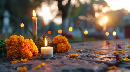 Sticker - A candle is lit on a table with orange flowers