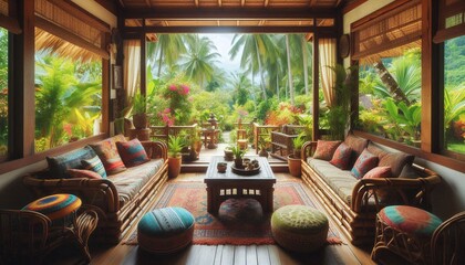 A tropical living room with a view of the garden.