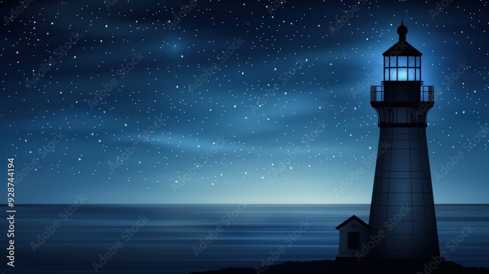 A lighthouse with starry sky patterns in contrasting vibrant hues Stock ...