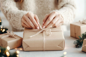 Wall Mural - Unrecognized woman wearing warm knitted sweater tying a ribbon on a christmas gift box, surrounded by christmas lights and other presents