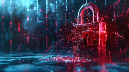 Poster - A futuristic locked padlock surrounded by vibrant digital elements, representing security and technology in a cyber landscape.