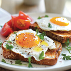 Delicious breakfast of fried eggs on toast with fresh tomatoes and herbs served in a bright kitchen