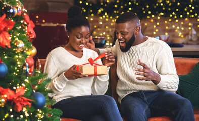 Sticker - Happy surprised black woman unwrapping Christmas gift from her boyfriend, sitting on sofa together near Xmas tree, panorama