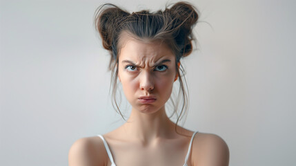 A beautiful woman with an angry expression, looking at the camera and making funny faces. She has her hair in two buns stacked on top of each other, wearing white against a light background 