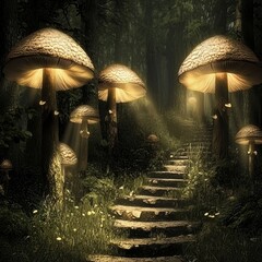 Dreamy fantasy mushrooms in magical forest. Illustration for book cover. Amazing nature landscape. Surreal mushroom landscape with mushroom moon.