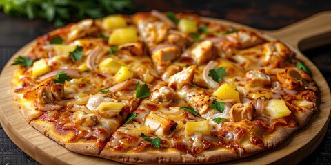 Wall Mural - Delicious Hawaiian Chicken Pizza on Wooden Cutting Board Horizontal Orientation