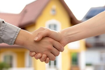 Wall Mural - Two people shaking hands outside a residential house