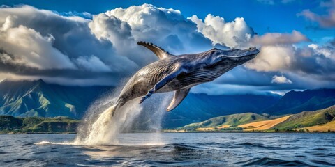 Humpback Whale Leaps Through Clouds Above Mountainous Coastline, Landscape Photography, Whale Breaching, Ocean Wildlife, Hawaii