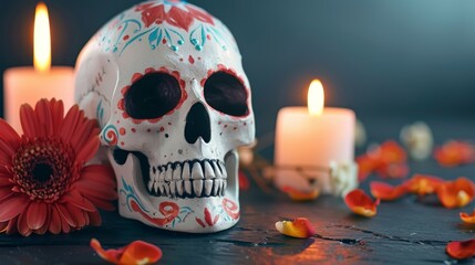 A skull with red and blue paint on it is sitting on a table next to two candles